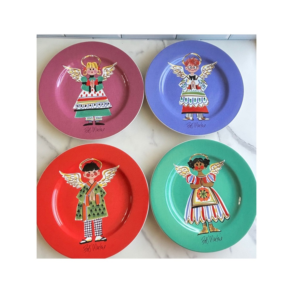 Bob Mackie Home Sakura Happy Angel Stoneware Dessert Plates Set of 4 Colorful 8"